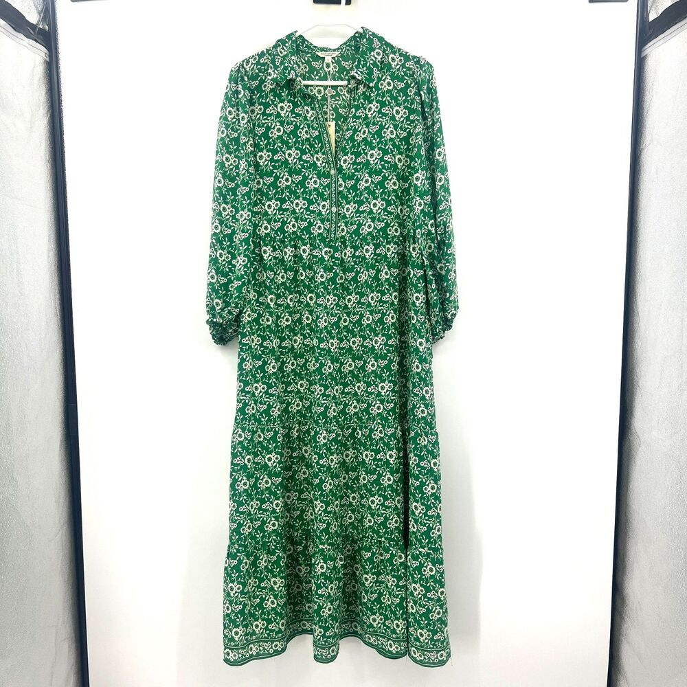 Max Studio London Green Floral Tiered Maxi Shirt Dress Long Sleeve L NWT